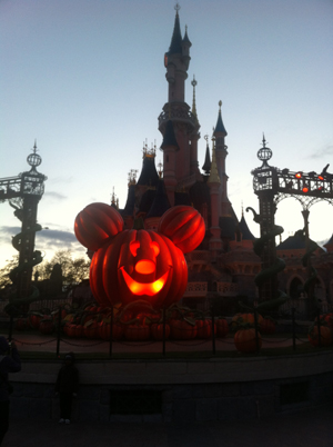 Giant Mickey Mouse pumpkin by Sleeping Beauty's castle